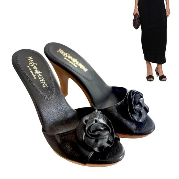 AUTHENTIC YSL YVES SAINT LAURENT Y2K BLACK ROSE LEATER HEELS SANDALS SZ 6/36 EUC - Picture 2 of 6